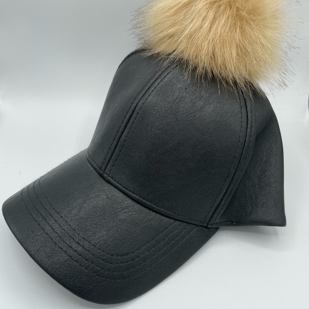 NWOT Women’s Black Faux Leather Adjustable Cap with Tan Pom Pom